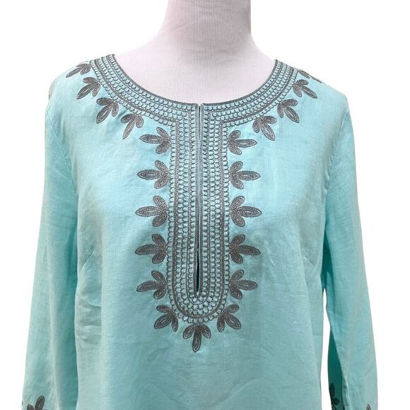 NWT Saks Fifth Avenue Women's Embroidered Tunic Top 100% Linen Mint Blue - Picture 3 of 9